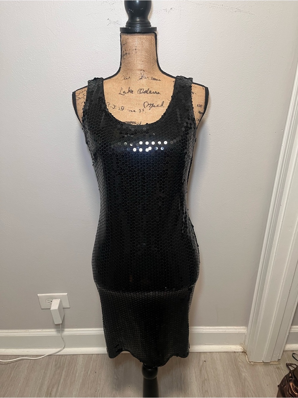 Vintage Black Sequin Sleeveless Low Back Sheath Dress Small